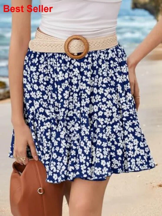 Summer Floral Mini Skirt Ruffle High Waisted Casual Flowy Boho Loose A Line - Picture 3 of 6